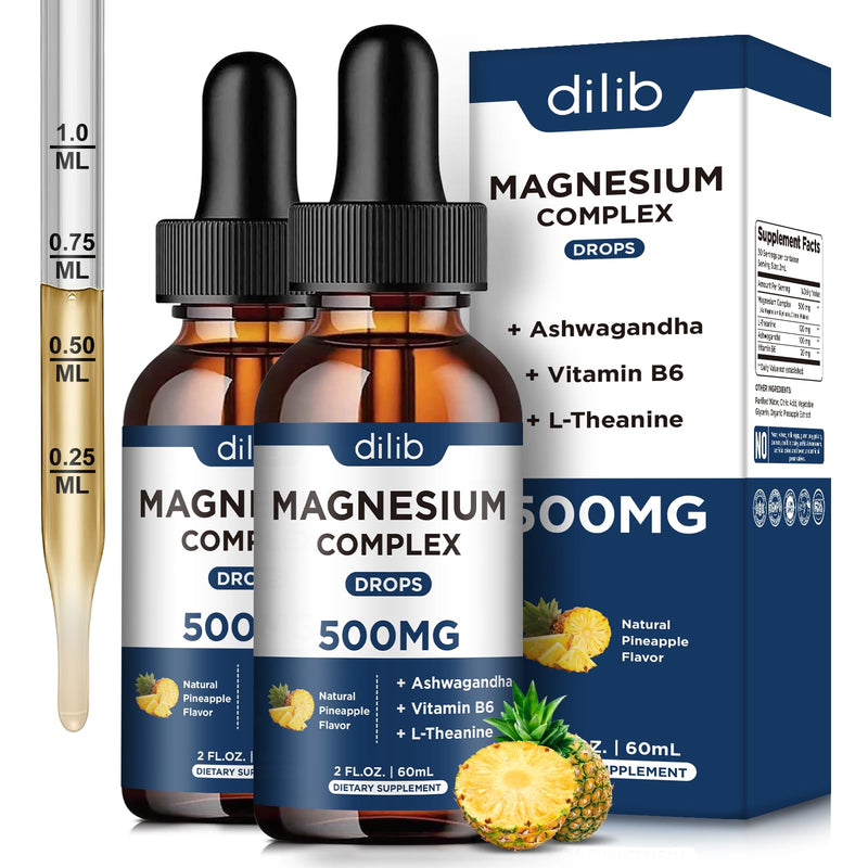 Magnesium Glycinate Liquid Drops 500mg - Triple Magnesium Complex Supplement with Citrate, Malate, Ashwagandha, L-Theanine, Vitamin B6 for Sleep, Stress Relief, Muscle, Pineapple Flavor 4 Fl Oz 2 Fl Oz (Pack of 2)