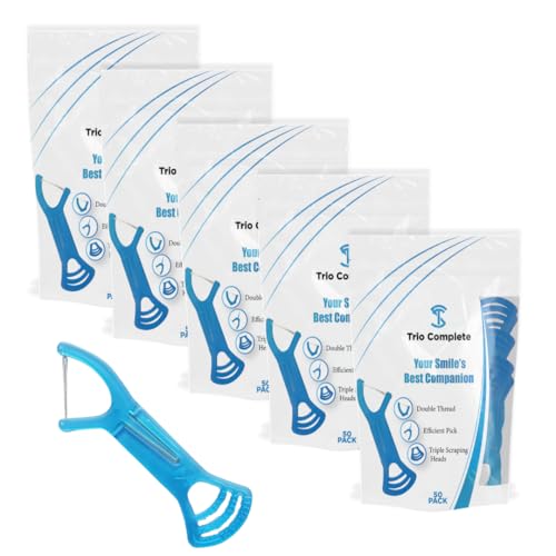 3-in-1 Complete Dental Care Set (5 Pack - 250 Count): Double Thread Floss Picks, Toothpicks, and Tongue Scraper - Your Oral Hygiene Solution with Disposable Floss Sticks for On The Go or Travel 5