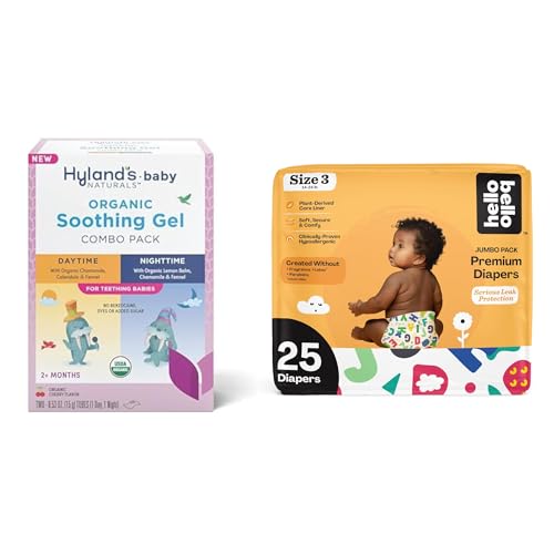 Hyland's Baby - Organic Day/Night Soothing Gel Combo Pack, Natural Relief of Oral Discomfort (2 Tubes of 0.53 oz.) + Hello Bello Premium Baby Diapers Size 3, 25 Count