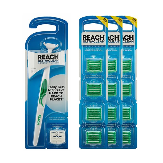 Reach Ultraclean Access Flosser Bundle, Mint, Plaque Remover for Teeth, for Hard to Reach Areas, Oral Care, PFAS-Free, 1 Flosser Starter Kit + 3 Packs Refill Heads 1 Flosser with 3 Packs of Refill Heads - BeesActive Australia