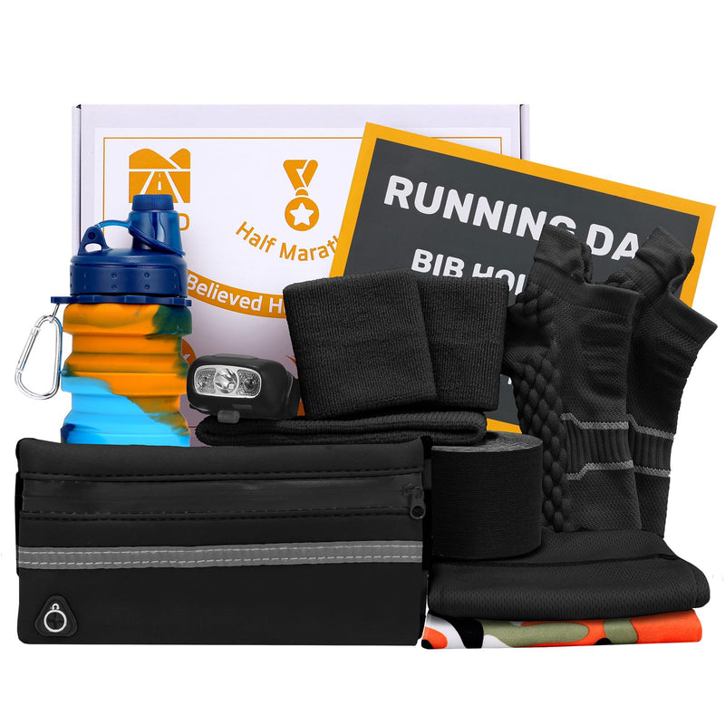 Running Gift Box - 13 Runner Essentials Kit with Running Belt Headlamp Kinesiology Tape Folding Water Cup & More, Marathon Training Night Running Outdoor, Fitness & Trail Running Gift for Men Women Black