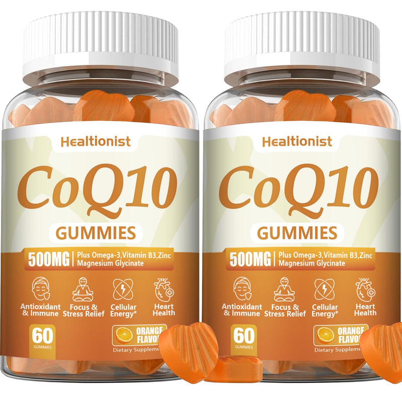 2 Pack 500MG Coq10 Gummies - 3X Better Absorption, Plus Omega-3, Magnesium, Vitamin B3 & Zinc - Coenzyme Q10 Supplements for Heart Health, Cellular Energy & Antioxidant, Vegan, 120 Counts 60 Count (Pack of 2)