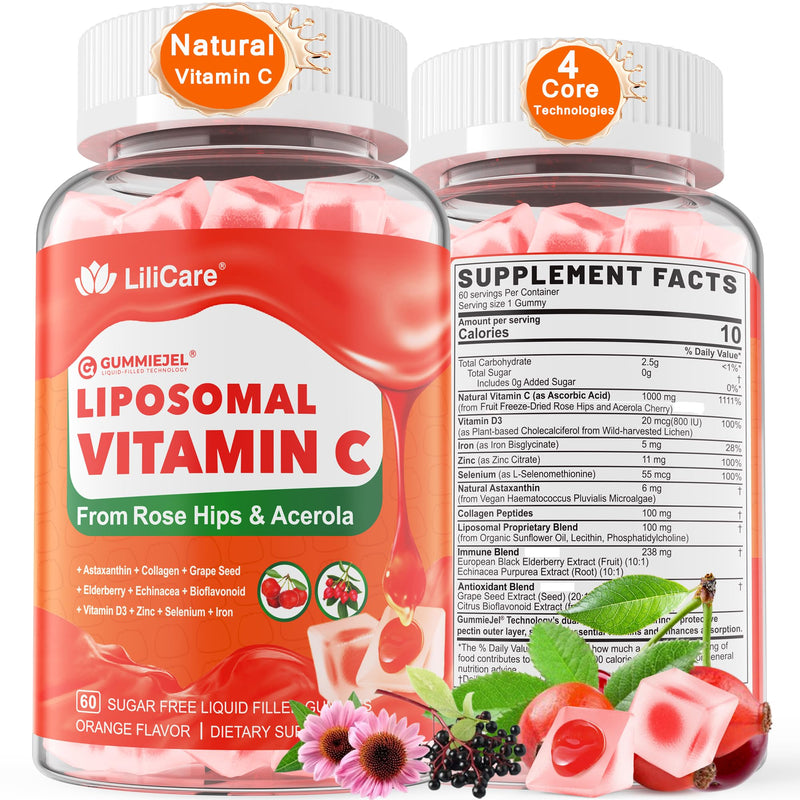 Natural Liposomal Vitamin C 1000mg Gummies for Adults & Kids 9+, Chewable Vitamin C w/ 11mg Zinc, D3, Elderberry, Echinacea, , Bioflavonoid, Immune Support, Whole Food VIT C from Fruits, Sugar Free 60 Count (Pack of 1)