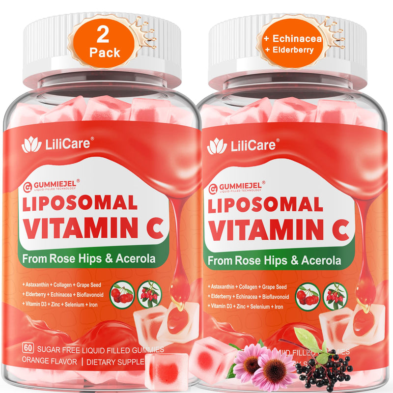 Natural Liposomal Vitamin C Gummies for Adults Kids 9+, Chewable Vitamin C w/ 11mg Zinc, D3, Elderberry, Echinacea, Bioflavonoid,Immune Support, Whole Food VIT C from Fruits, Sugar Free, 2Pack