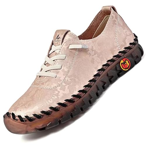 Women's Leather Soft Bottom Flat Slip-on Loafers Fashion Handmade Floral Embroidery Walking Shoes Comfort Orthopedic 4D Pain Relief Casual Shoes Pink 9