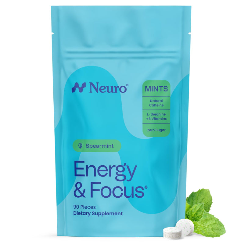 Neuro Energy & Focus Mints, Spearmint, 90 Count | 40mg Natural Caffeine Mints, 60mg L-Theanine, Vitamin B6 + B12, Sugar Free, Vegan, Clean Nootropic Energy & Focus Supplement 90 Count (Pack of 1)