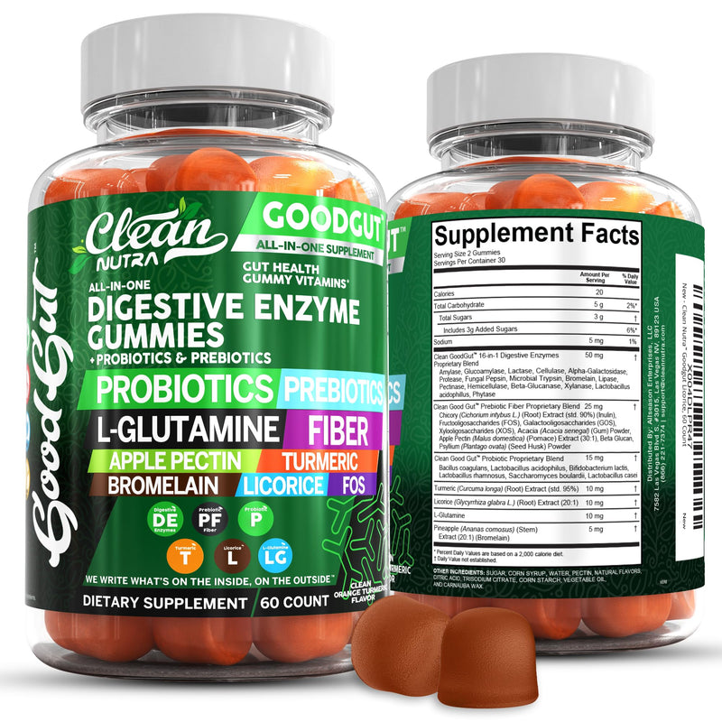 Clean Nutraceuticals Digestive Enzymes with Probiotics & Prebiotics for Digestive Health Gummies & L-Glutamine for Gut Health Bromelain Apple Pectin Inulin FOS Plant Based Vegan Gummy Vitamins 1