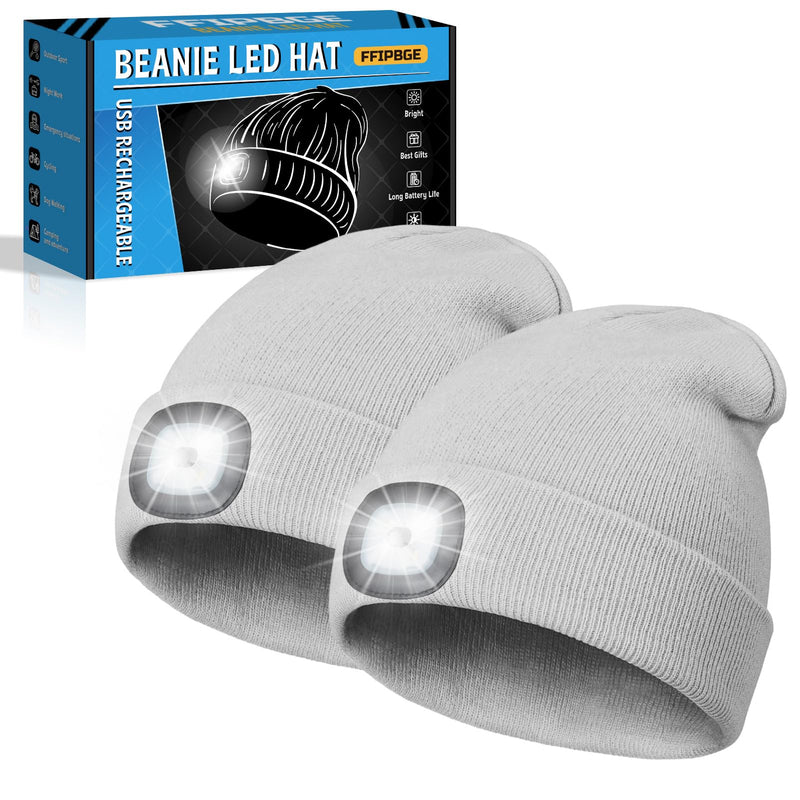 Gifts for Him, Beanie Hats with Light, USB Rechargeable LED Hand Free Headlamp, Fathers Day Dad Gifts, Birthday Gadgets for Men, Women, and Teens, Ideal for Camping, Hiking, 2 Pack, Grey Gray