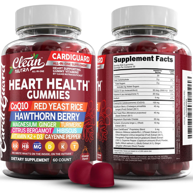 Clean Nutraceuticals Coq10 Gummies | Red Yeast Rice Hawthorn Berry Ginger Turmeric Citrus Bergamot Hibiscus Vitamin K2+D3 Magnesium Glycinate Cayenne Pepper Fenugreek Orange Flavor CardiGuard 1