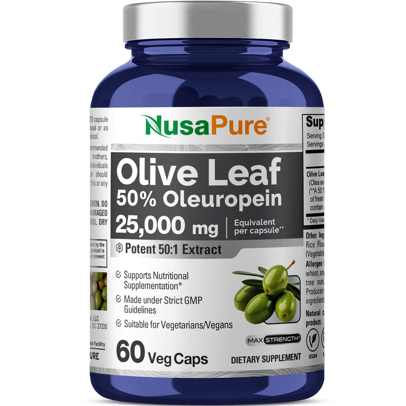 NusaPure Olive Leaf 50:1 Extract, 500 mg Equivalent to 25,000mg - 50% Oleuropein Vegan/Vegetarian - Super Strength No Oil 60 Capsules 60 Count (Pack of 1) - BeesActive Australia