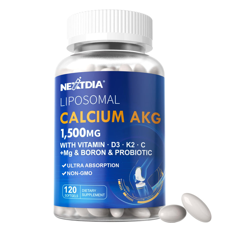 Liposomal Calcium AKG Supplement 1500mg with Vitamin D3 K2 for Women Men | High Absorption, Calcium Supplements Pills with Magnesium Glycinate, Boron, Probiotics & Vitamin C for Bone - 120 Softgels 120 Count (Pack of 1)