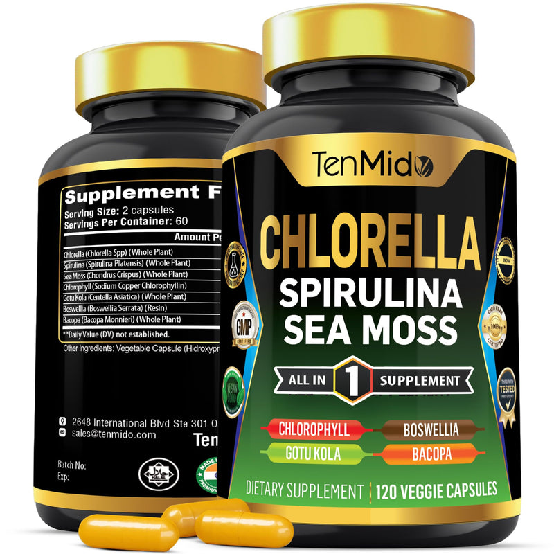Chlorella Supplement for Men and Women - 7in1 Formula with Spirulina, Sea Moss, Chlorophyll, Gotu Kola, Boswellia & Bacopa - Immune Support - Rich in Nutrient, Vitamins - 120 Capsules