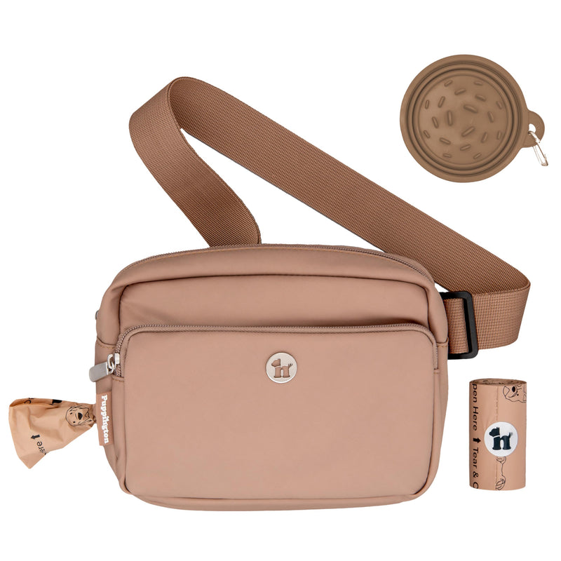 Puppington 3-in-1 Crossbody Bag & Dog Treat Pouch for Pet Training - Matching Compostable Poop Bags, Built-In Poop Bag Dispenser & Slow-Feeding Travel Dog Bowl - Dog Walking Bag (Latte Beige) Latte Beige - BeesActive Australia