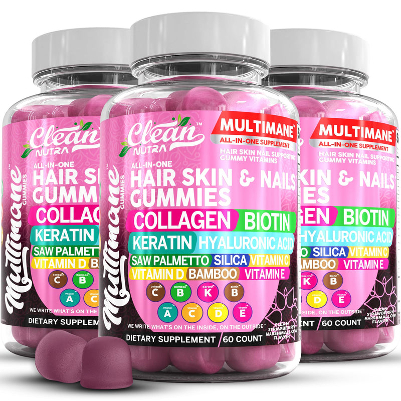 Clean Nutraceuticals Biotin Collagen Keratin Gummies | Hair Skin and Nails Vitamins for Women | Hyaluronic Acid Bamboo Vitamin A C D3 E Folate with Saw Palmetto Silica B3 B12 Vegan Gummy 3