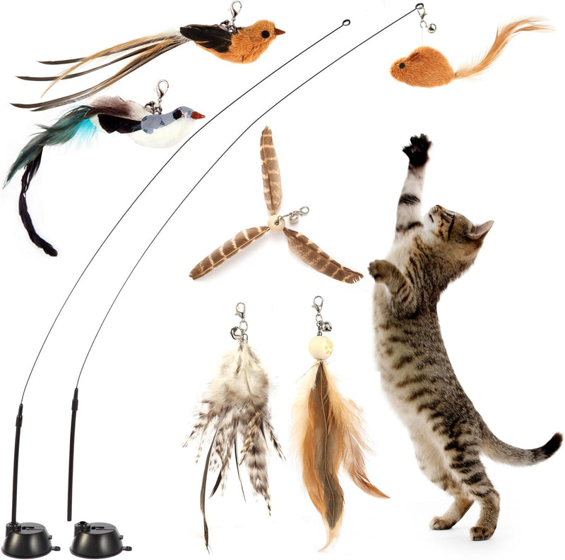 Interactive Bird Simulation Cat Toy Set,Cat Wand Toys,Wand Self-Holding Suction Cups Base,Include Detachable 6 Pcs Replacements Feathers Toys 6PC Set Small - BeesActive Australia