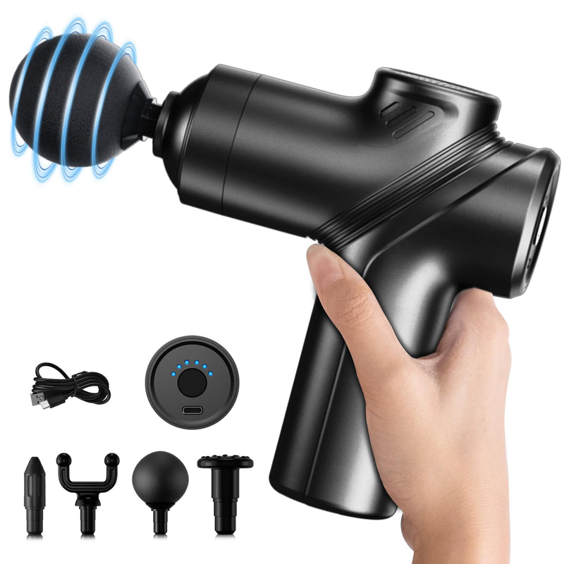 Deep Tissue Massage Gun Portable, Mini Electric Muscle Massager, Suitable for Relieving Back, Neck and Body Pain, with 4 Heads and 6 Speeds, Black A2-black