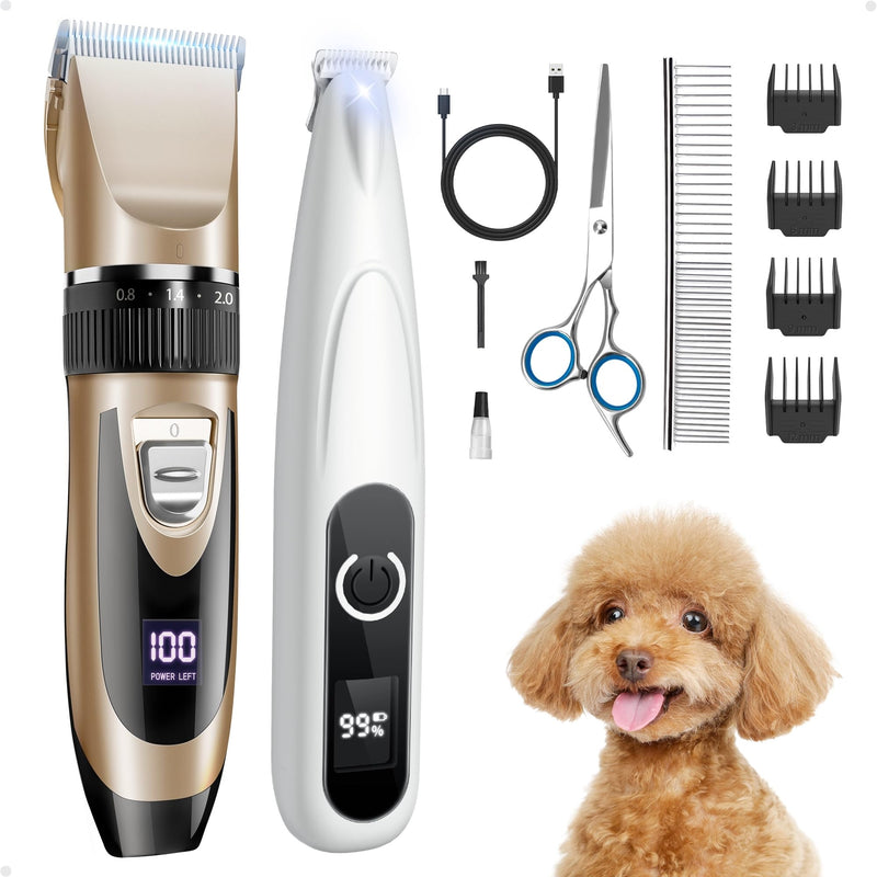 2 in 1 Dog Grooming Kit, Low Noise Rechargeable Dog Clippers for Grooming, Cordless Dog Grooming Clippers and Dog Paw Trimmer, Dog Shavers for Grooming Small Dogs Cats Animals Gold - BeesActive Australia