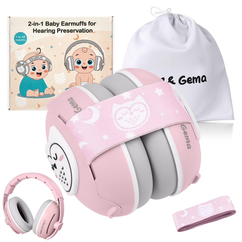 Lilian&Gema 2-in-1 Baby Ear Muffs Noise Protection, Adjustable Headphones with Band, Owls Noise Cancelling Headphones for Babies & Toddler up to 4 Years, Baby Airplane Essentials/Outdoor, Pink