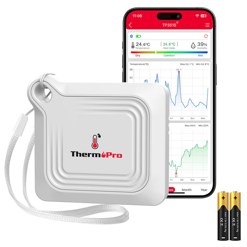 ThermoPro Bluetooth Thermometer Hygrometer, 260FT Range Temperature Sensor Greenhouse Thermometer, Remote App Control Temperature and Humidity Monitor with 2-Year Data Logging Export (TP351) 1 White