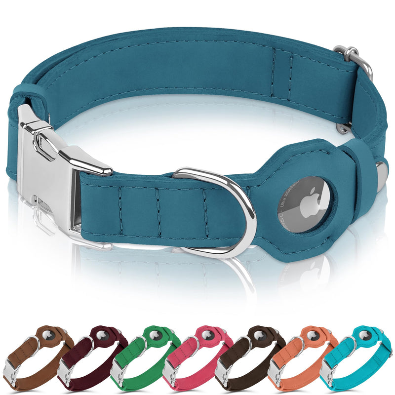 Leather Dog Collar with Airtag Holder - Soft Adjustable Airtag Dog Collar with Metal Buckle - GPS Tracking Pet Collar for Small Large Dogs Puppies Cats (Dark Blue, L, 17"-21" Neck Fit) Dark Blue - BeesActive Australia