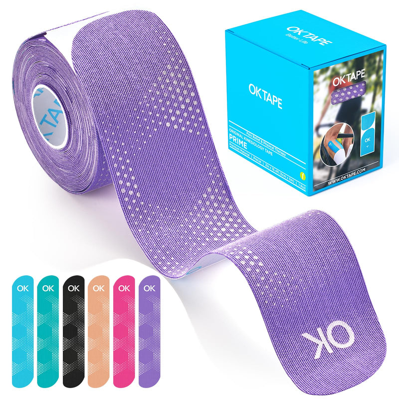 OK TAPE Synthetic Kinesiology Tape, 20 Strips Precut K Tape, Waterproof, Elastic Athletic Tape for Pain Relief & Muscle Support, Reflective Design, 2" x 10" -Purple 1 Roll Purple - BeesActive Australia