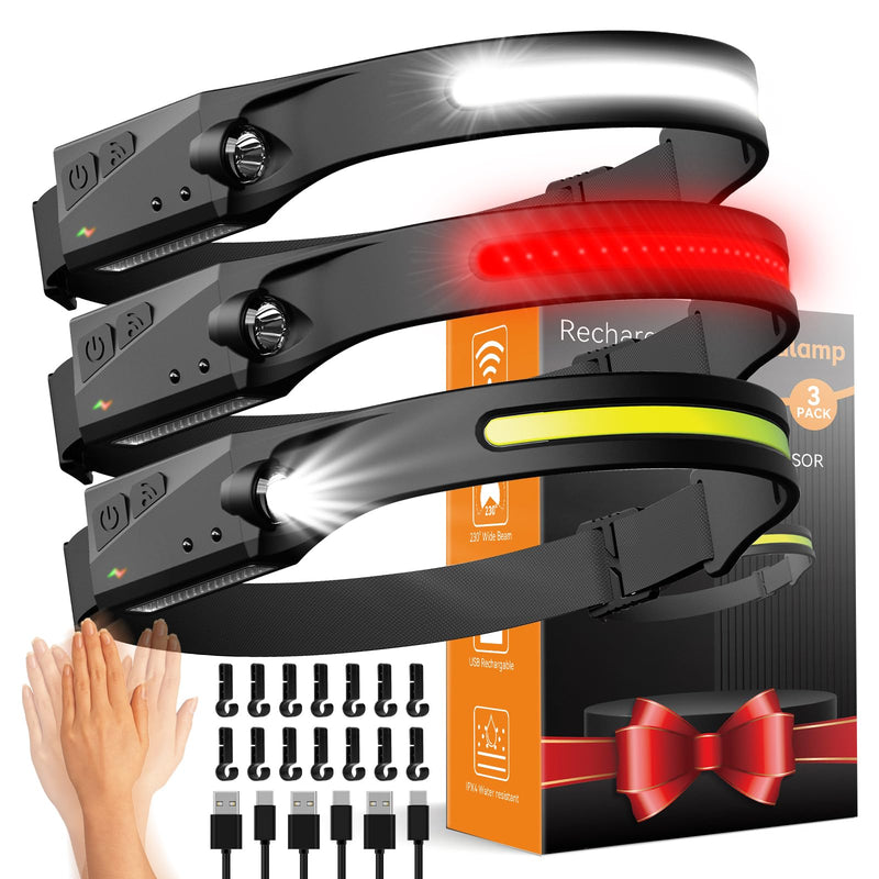 Headlamp Rechargeable 3 Pack, 230° Wide Beam Running Head Lamp Hands Free for Adults, Head Lights for Forehead, Head Flashlight with Hard Hat Clips for Runners, Hunting, Hiking, Camping