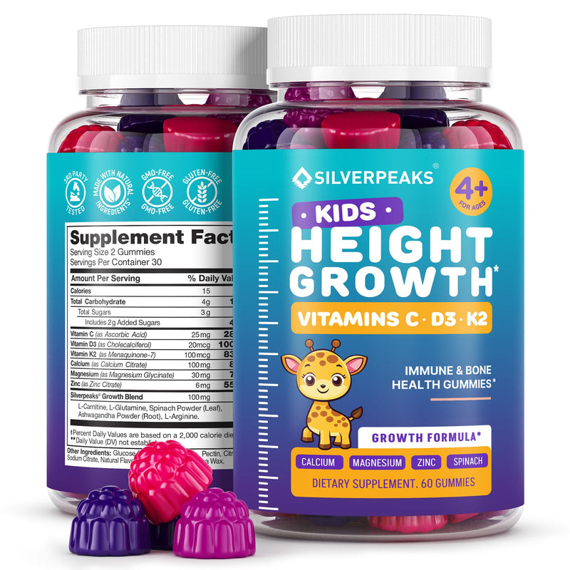 SILVERPEAKS Bone & Natural Growth Support Gummies for Kids & Teens - 60 pcs | Calcium, Zinc, Vitamins D3 & K2, C, Magnesium - Bone Strength & Joint Support for Boys & Girls - Fruit Flavor 60 Count (Pack of 1)