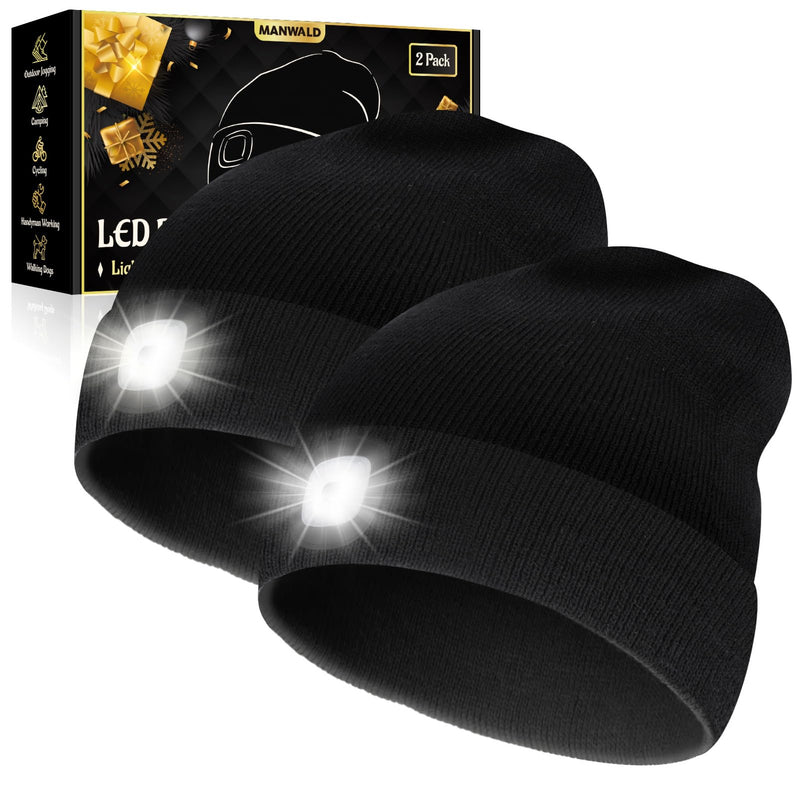 LED Beanie Hat with Light, USB Rechargeable LED Headlamp, Gifts for Men, Fathers Day Dad Gifts from Daughter Wife Son, Birthday Gifts for Him Men Husband, Boyfriends, Black, 2PCS 2 Pack