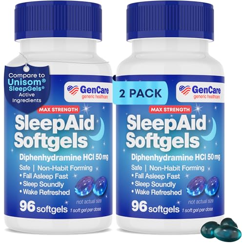 GenCare Nighttime Sleep Aid Diphenhydramine HCl 50mg, 96 Ct (2-Pk) 96 Softgels (Pack of 2)