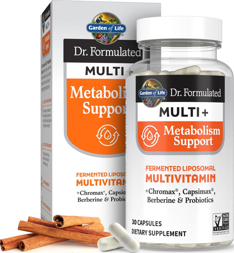 Garden of Life Dr. Formulated Multi+ Metabolism Support - Fermented Liposomal Multivitamin + Chromax, Capsimax, Berberine & Probiotics - 30 Capsules