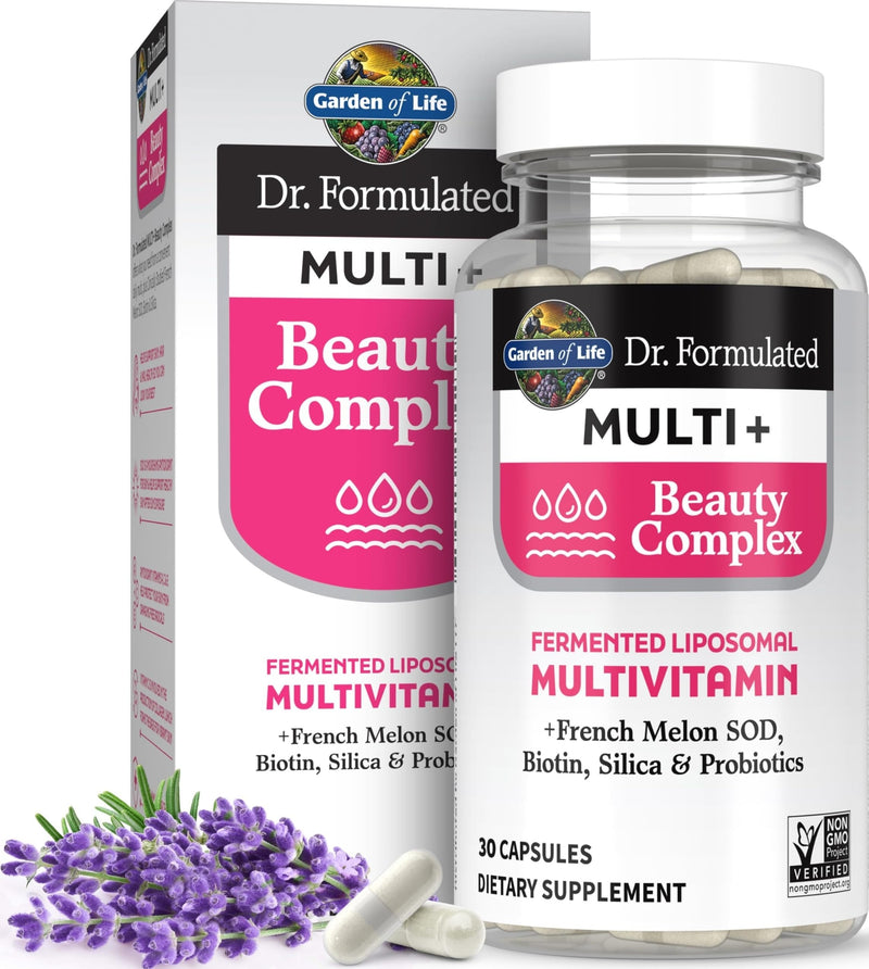 Garden of Life Dr Formulated Multi+ Beauty Complex Fermented Liposomal Multivitamin Plus Hair Skin and Nails Vitamins, French Melon SOD, Biotin & Probiotics, 30 Capsules, Supplement for Women & Men