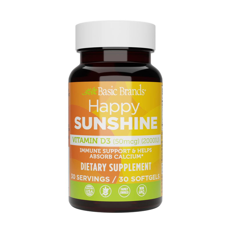 Basic Brands Happy Sunshine Vitamin D3 2000IU, 30 Count | Vitamin D3 (Cholecalciferol, 2000 IU / 50mcg), Daily softgel Supplement
