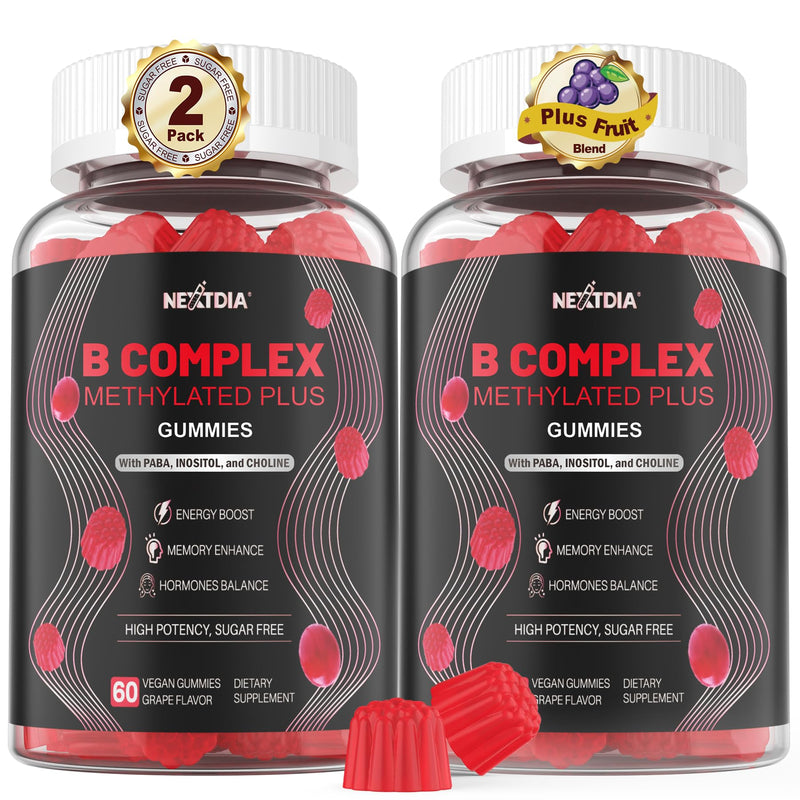 Nextdia B Complex Gummies for Men & Women, Methylated B Vitamins, 120 Ct | All B Vitamin B1 B2 B3 B5 B6 B7 Folate MethyB12 with PABA, Inositol, Choline, MTHFR-Friendly for Energy, Brain & Mood, Vegan 60 Count (Pack of 2)