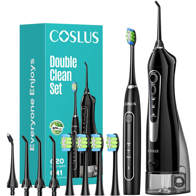 COSLUS C20 & C41 Portable Water Flosser with Electric Toothbrush Combo: 2-in-1 Oral Clean Kit for Teeth, Braces, Gums Care - Brushing & Flossing for Adults, Family, Travel Use, BPA-Free, Black - BeesActive Australia