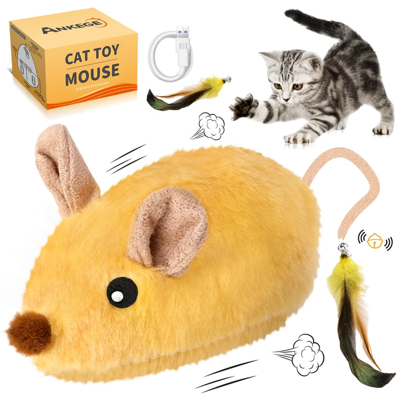 Interactive Cat Toys Mouse for Indoor Cats Rechargeable LED Cat Mouse Toy Feather Bell Tail Lifelike Electric Automatic Moving Mouse Cat Toy for All Breeds Cat Boredom Exercise-Yellow Yellow - BeesActive Australia