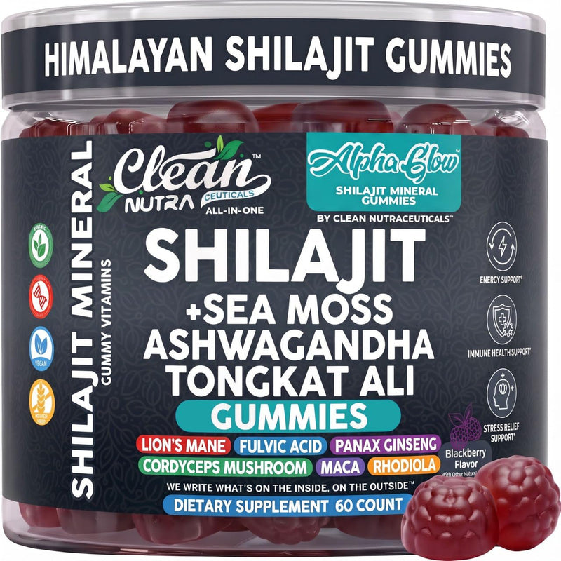 Alpha Glow Shilajit Gummies with Irish Sea Moss Tongkat Ali Ashwagandha Lion's Mane MACA Panax Ginseng Rhodiola & Cordyceps By Clean Nutra (1) 1