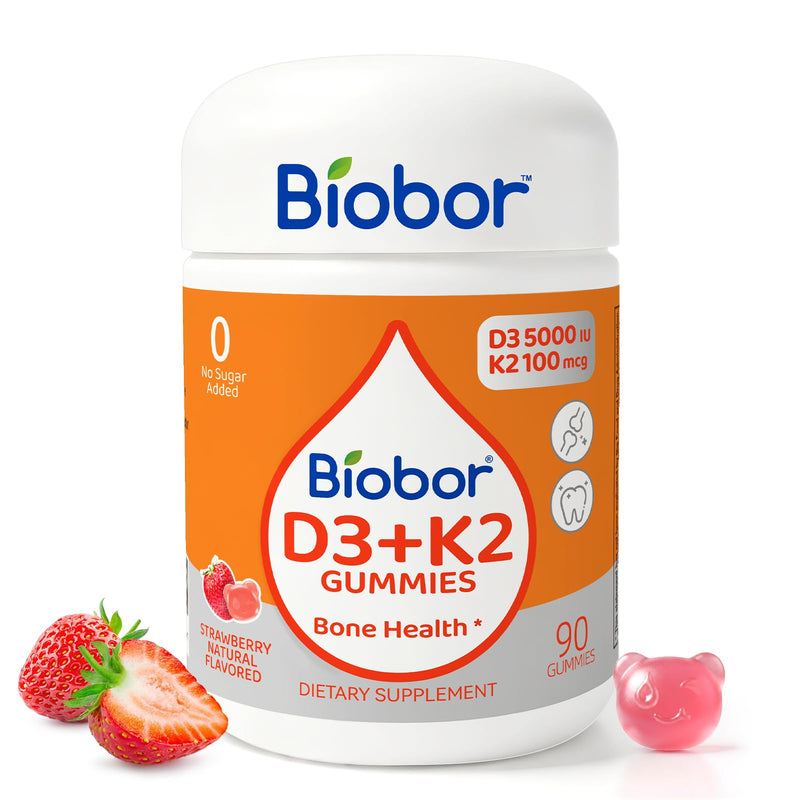 Biobor Natural Vitamin D3 K2 Gummies, 5000 IU D3 + 100 mcg MK-7, 90 Count | Strawberry Vitamin Gummies, Supports Bone & Immune Health. No Sugar Added, Non-GMO, Gluten-Free. Daily Wellness. 90 Count (Pack of 1)