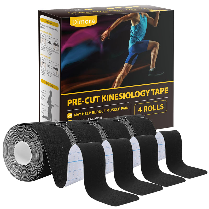 Dimora Kinesiology Tape, 80 Count Precut Strips 4 Rolls, Original Cotton, 10” Elastic Athletic Tape for Muscle Pain Relief and Joint Support, Black - BeesActive Australia