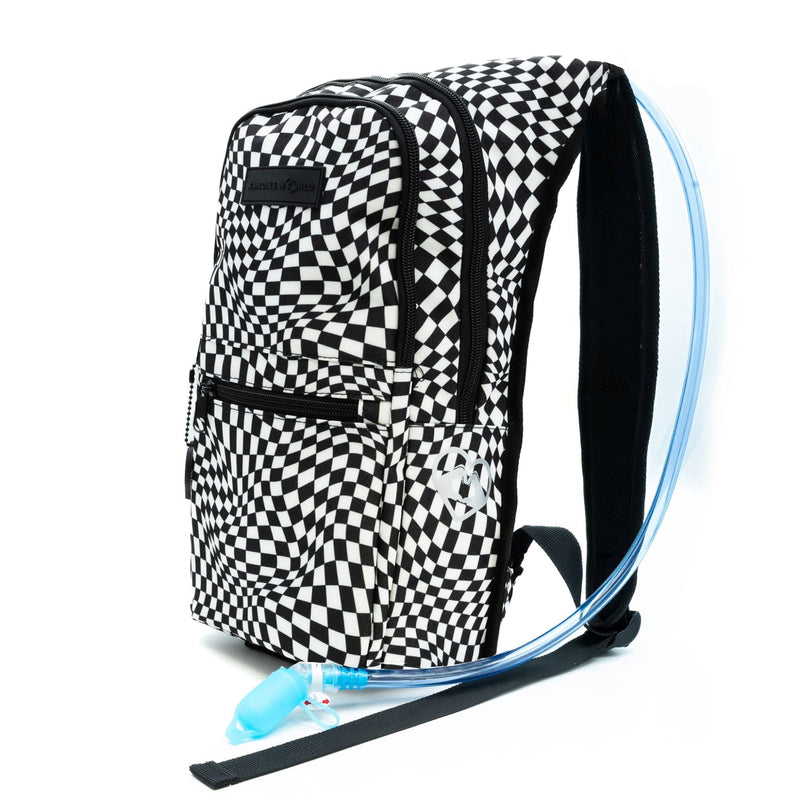 Kandies World Reflective Festival Hydration Pack - 2L Water Bladder for Raves, Hiking, Biking, Running, and More (with Anti-Theft Pocket) Checkered - BeesActive Australia