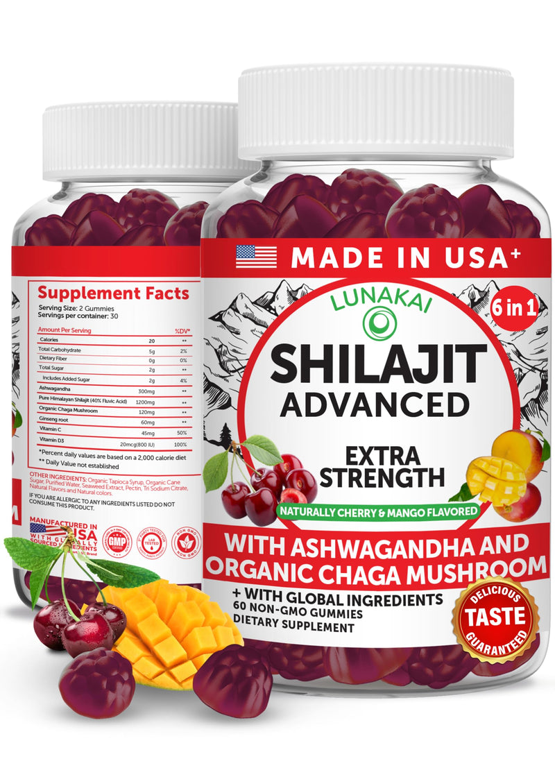 Lunakai USA Made Pure Himalayan Shilajit Gummies for Men & Women, 1200mg | 6-in-1 Shilajit Supplement for Daily Energy, Immunity & Vitality Support - Ashwagandha, Chaga, Vitamins C & D3 - Non-GMO 60ct 60 Count (Pack of 1)