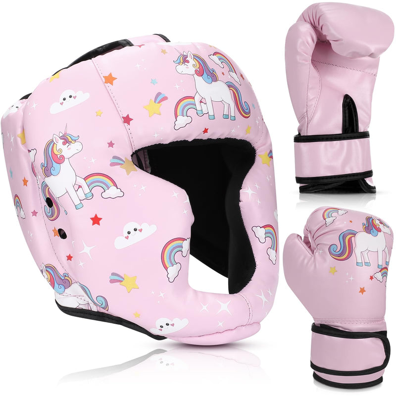 Boxing Headgear and Gloves Set for Kids 6oz Boxing Gloves and Wrestling Headgear Sparring Equipment for Boxing Kickboxing Muay Thai BJJ Karate Training Pink Unicorn
