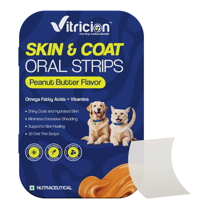 Pet Skin & Coat Oral Strips for Dogs & Cats – 30 Strips, Omega-3, Biotin, Folic Acid, Vitamin A & E – Shedding & Itching Supplement – Fast-Dissolving Oral Strips – Peanut Butter Flavor Pack of 1 (30 Count)