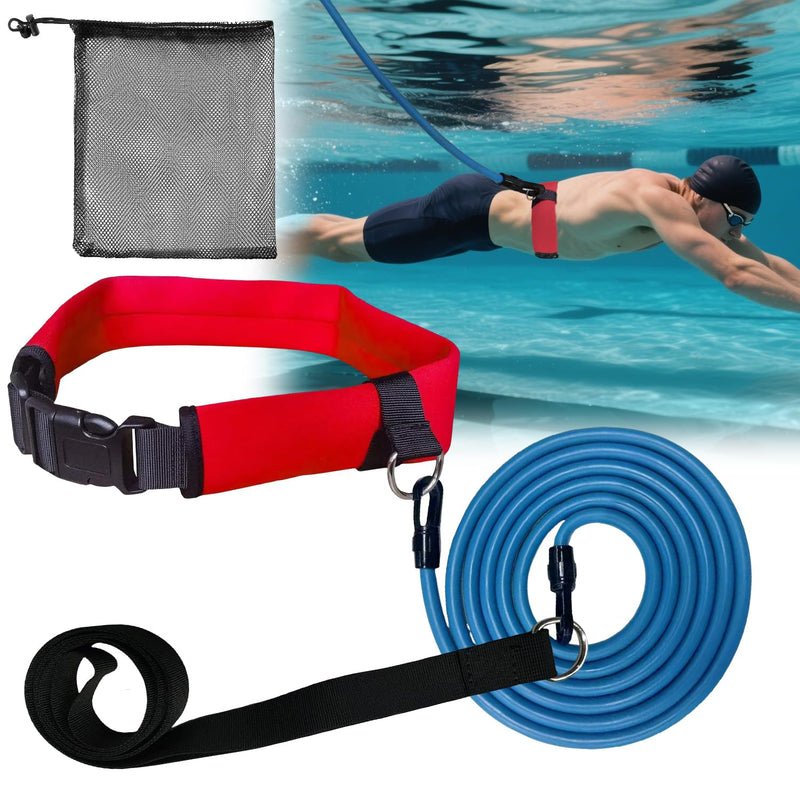 Swim Tether Resistance Belt Stationary Swimming, Pool Swim Bungee Training Belt, Swim Trainer Harness Belts for Adults Exercise Red