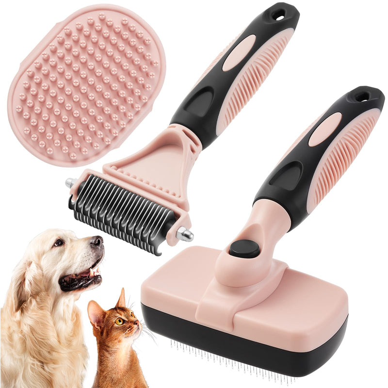 3PCS Cat & Dog Brush Set: Slicker & Deshedding Brush, Dematting Comb, and Bath Brush – Premium Grooming Tools for Shedding & Tangle-Free Fur (pink) pink - BeesActive Australia