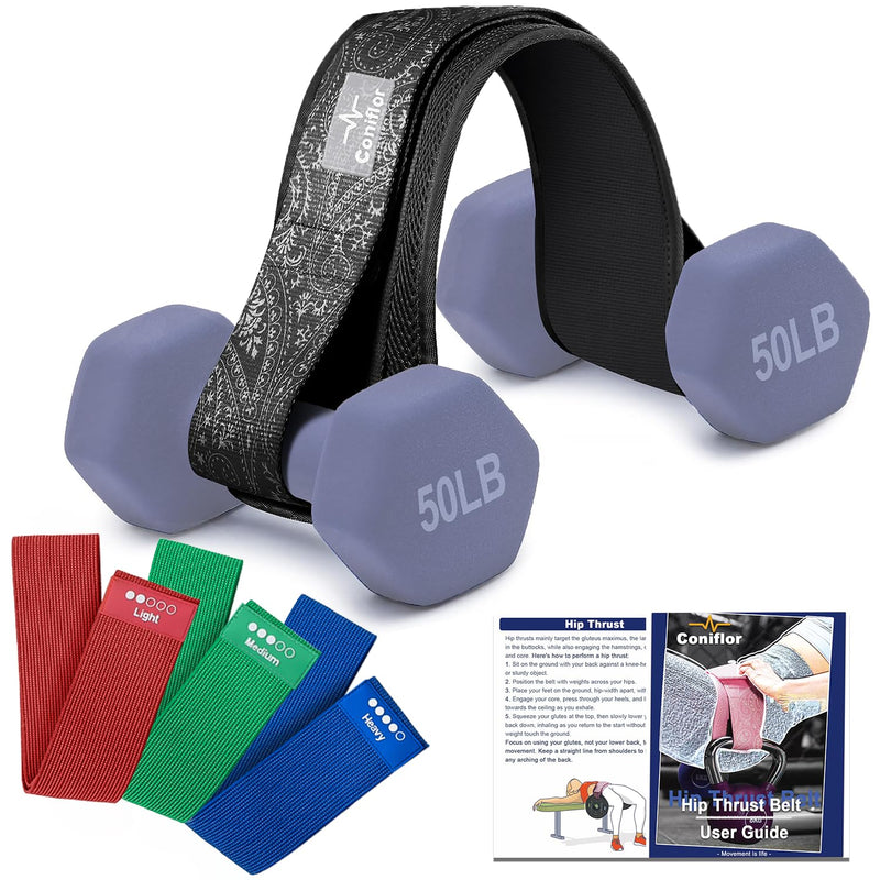 Hip Thrust Belt with 3 Resistance Bands - Adjustable Fitness Belt for Dumbbells, Kettlebells, Plates - Support Up to 100 lbs - For Glute Workouts at Home Gym - Gifts Ideas for Women, Black Printed | One Strap Black-Set - BeesActive Australia