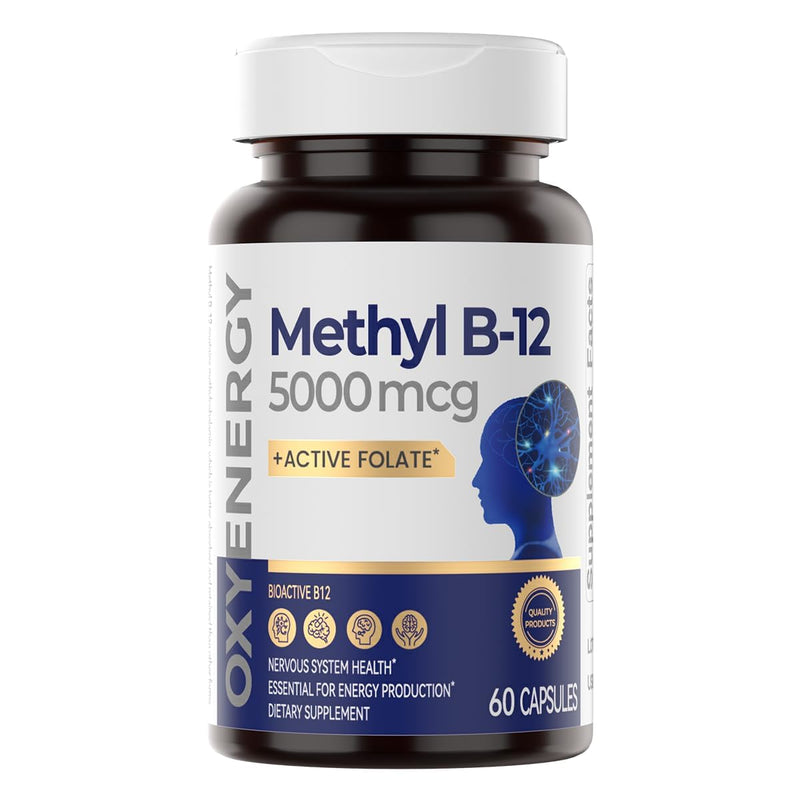 OxyEnergy Methyl Vitamin B12 5000mcg, Extra Strength Methylcobalamin B-12 Supplements with Folate, Support Nerves, Energy Metabolism & Cognitive,60 Capsules 1