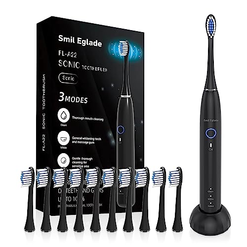 NBGRLVS Rechargeable Sonic Electric Toothbrush for Adults with 10 Brush Heads, 3 Modes, 2 Minute Smart Timer and Fast 4 Hour Charge - Perfect for Travel and Easy Dental Care (Black) Black