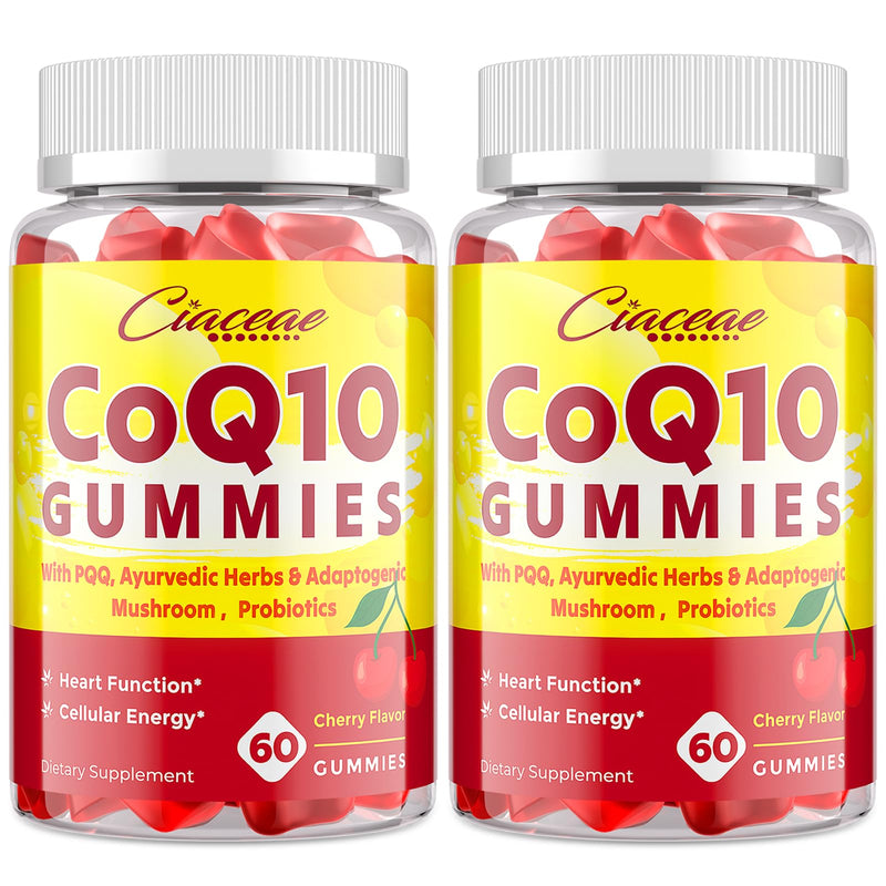 CoQ10 Gummies with PQQ - 400 MG Coenzyme Q10 High Potency, Enhanced with Ayurvedic Herbs, Adaptogenic Mushroom Blend & Probiotics for Heart, Brain, Energy, Immunity, Cherry Flavor, 120 Vegan Gummies 60 Count (Pack of 2)