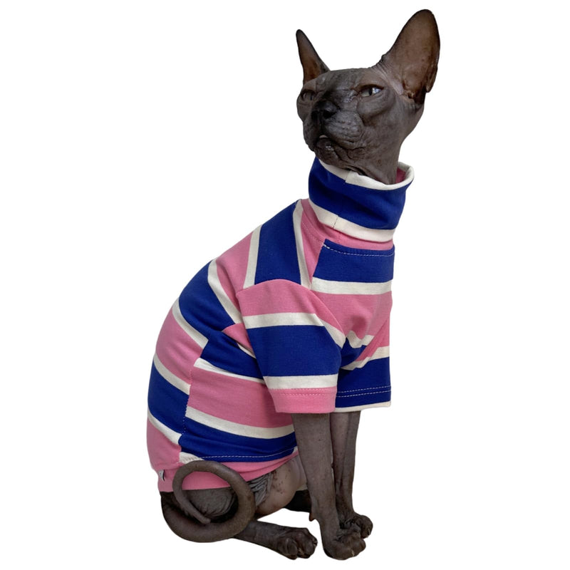 Vintage Stripes Sphynx Hairless Cats Shirt Cotton Cat Turtleneck Pet Clothes Kitten T-Shirts with Sleeves for Sphynx Cats (Wide Pink Blue Stripe, Large) Wide Pink Blue Stripe - BeesActive Australia
