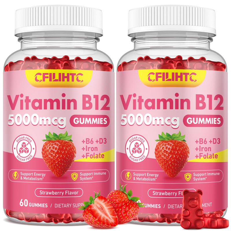 2 Pack Vitamin B12 Gummies for Women & Men, 5000mcg Methyl B12 Gummies with Vitamin B6, D3, Iron, Folate for Adults, Supports Energy & Metabolism Boost, Mood, Immune & Nervous System, Sugar Free Strawberry 60 Count (Pack of 2)